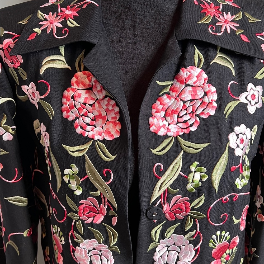 Floral Embroidered Black Coat - Picture 2 of 14